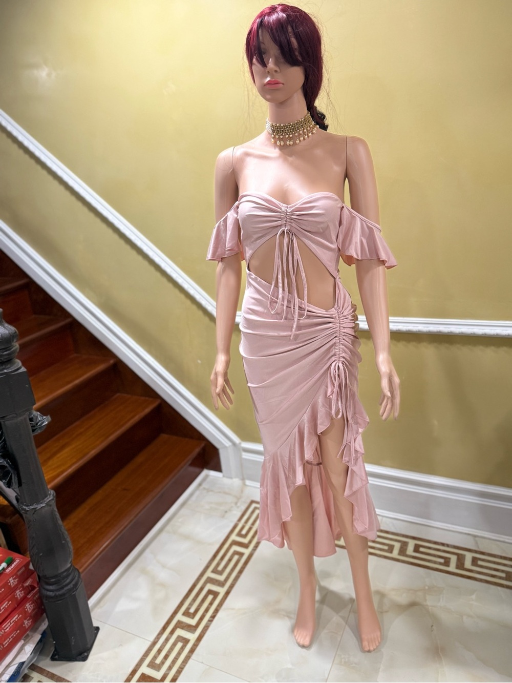 Blush Pink Off-Shoulder Cutout Ruffle Dress